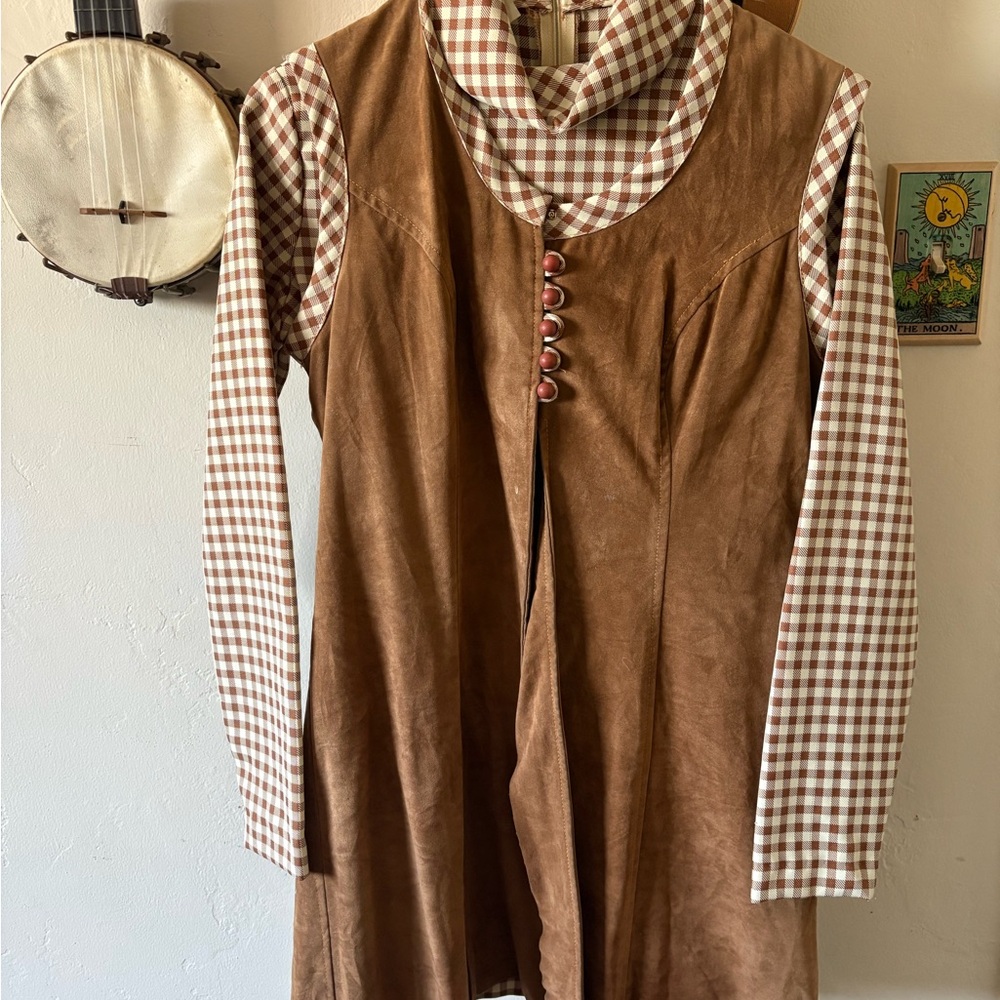 Vintage Brown Suede Vest with Checkered Dress Set